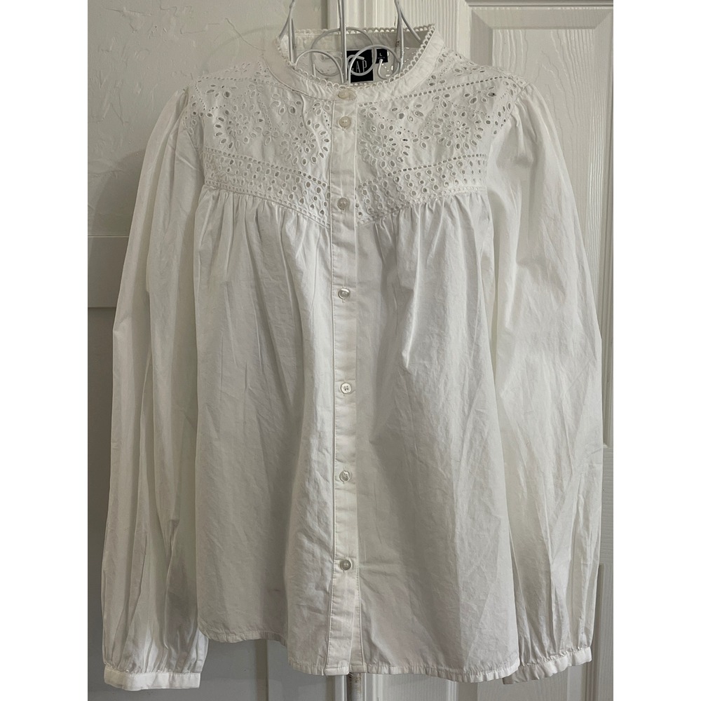 Gap Womens White Eyelet Yoke Button Down Blouse Long Sleeve Cotton Top Large NWT